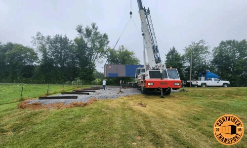 Crane lifting container.