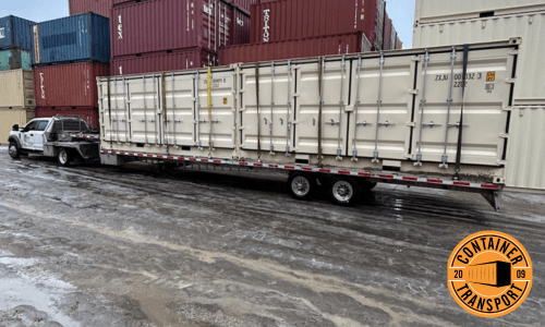 Container being transported to a container shipping yard.