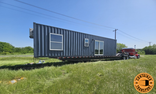 Transporting a Office Container on a Landoll trailer.