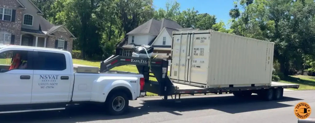 20 foot container on trailer being transported